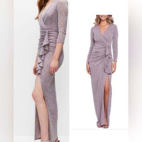 Betsy And Adam Metallic Rusched long Sleeve Gown SIZE 18W NWT